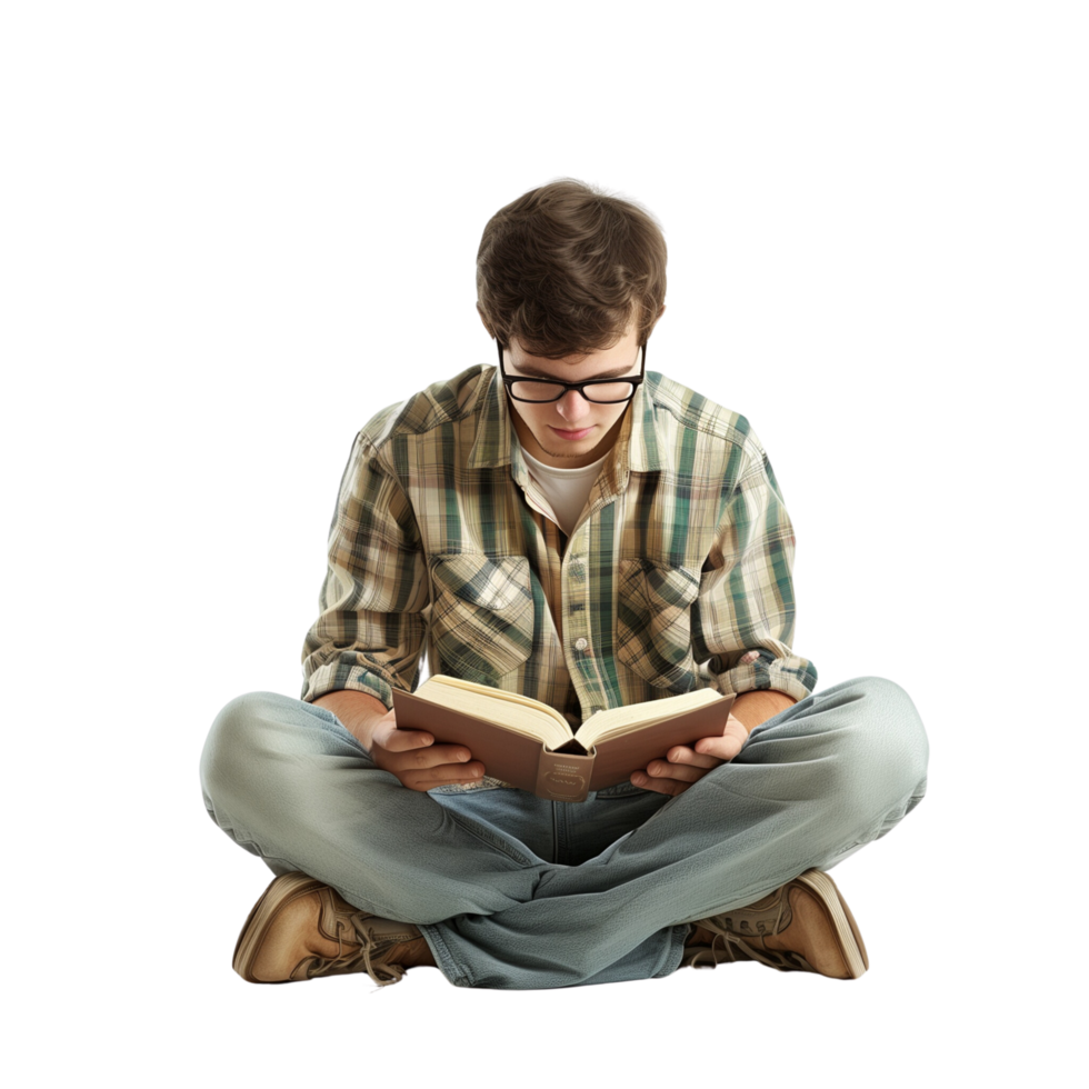 A young man sitting cross-legged on the floor, immersed in reading a book, isolated on a transparent background png
