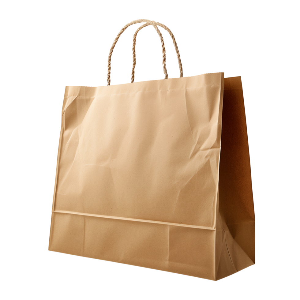 A side view of a blank eco-friendly recyclable shopping paper bag isolated on a transparent background png