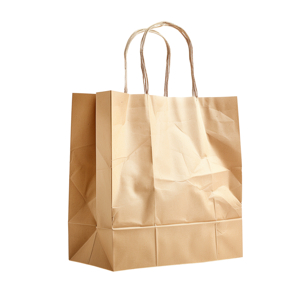 A side view of a blank eco-friendly recyclable shopping paper bag isolated on a transparent background png