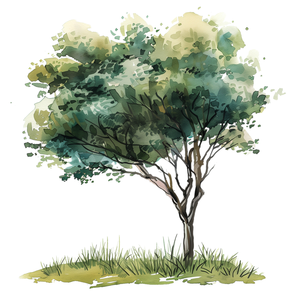 A watercolor and ink style tree with grass drawing, isolated on a transparent background png