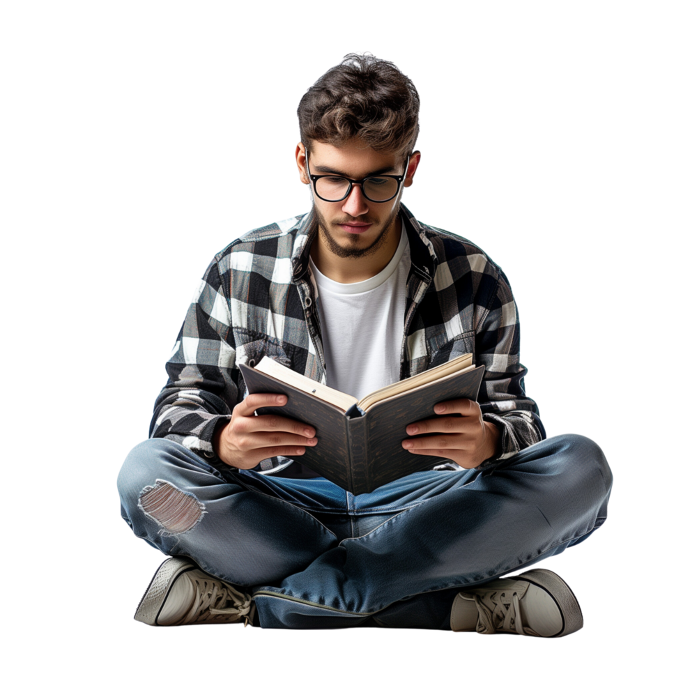 A young man sitting cross-legged on the floor, immersed in reading a book, isolated on a transparent background png