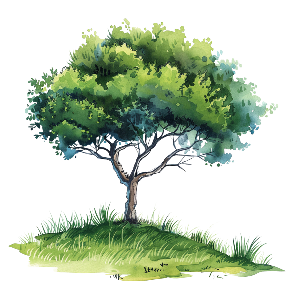 A watercolor and ink style tree with grass drawing, isolated on a transparent background png