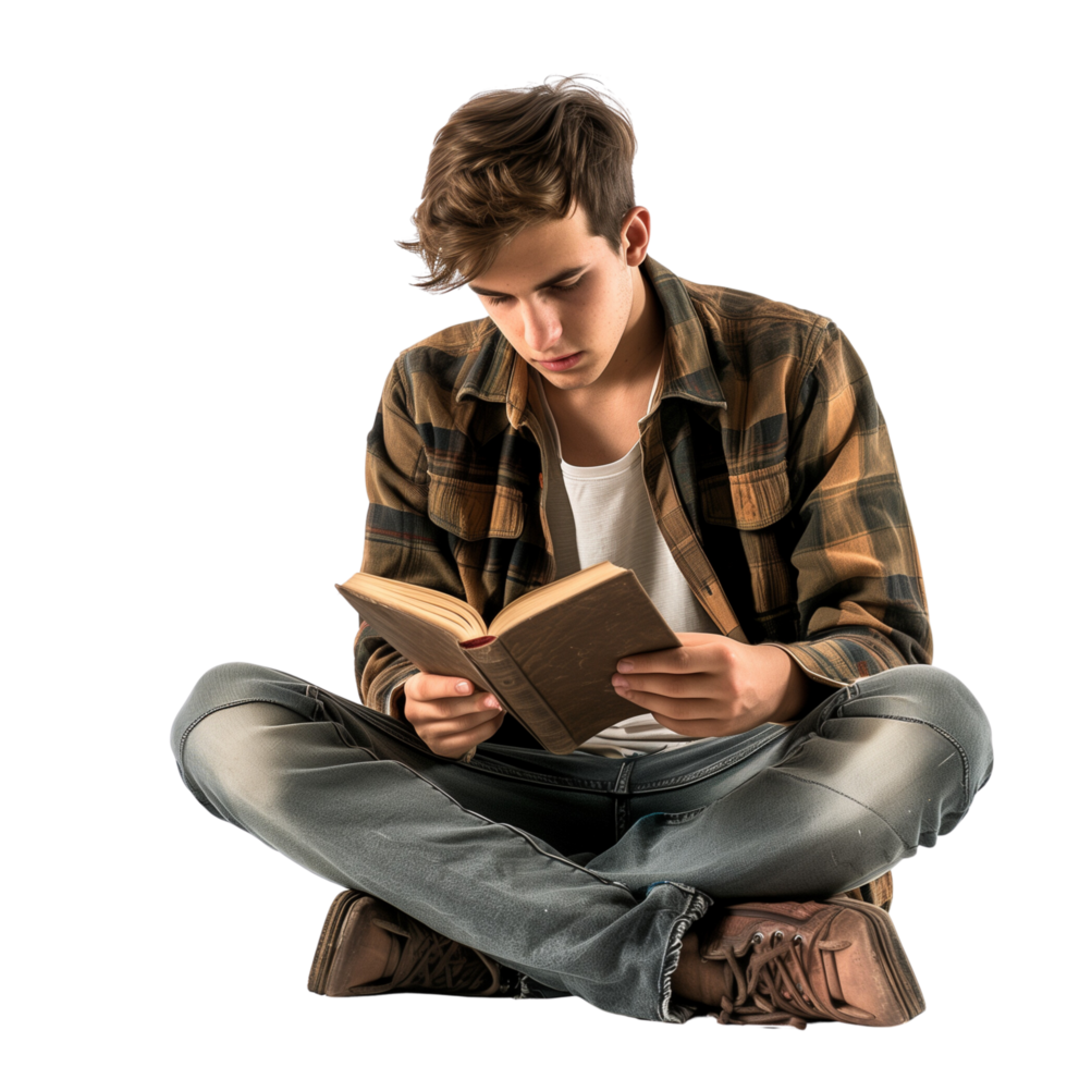 A young man sitting cross-legged on the floor, immersed in reading a book, isolated on a transparent background png