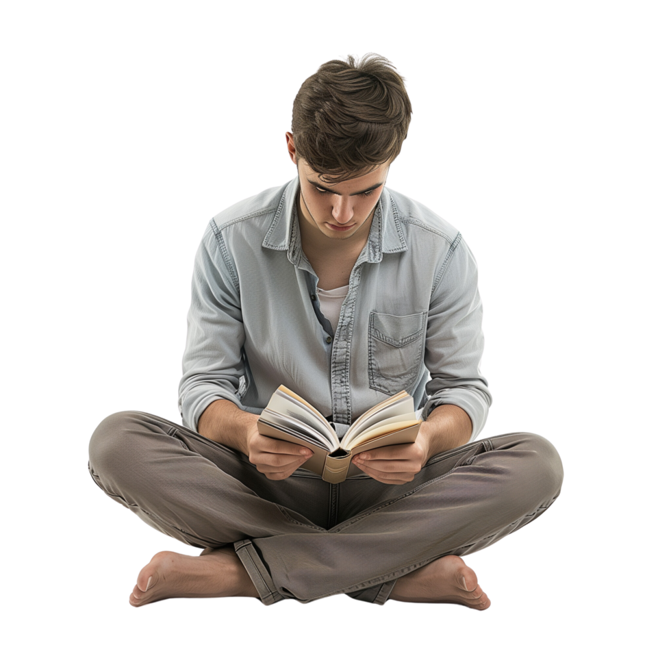A young man sitting cross-legged on the floor, immersed in reading a book, isolated on a transparent background png