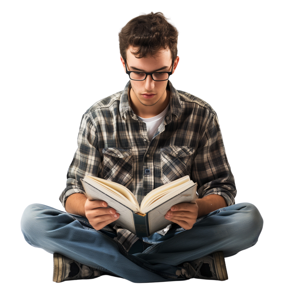 A young man sitting cross-legged on the floor, immersed in reading a book, isolated on a transparent background png