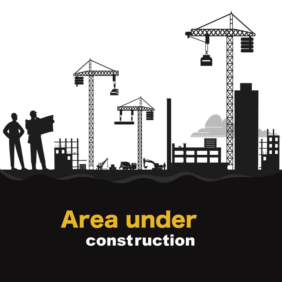 Black silhouette of a construction site isolated on transparent background. Construction cranes over buildings. vector