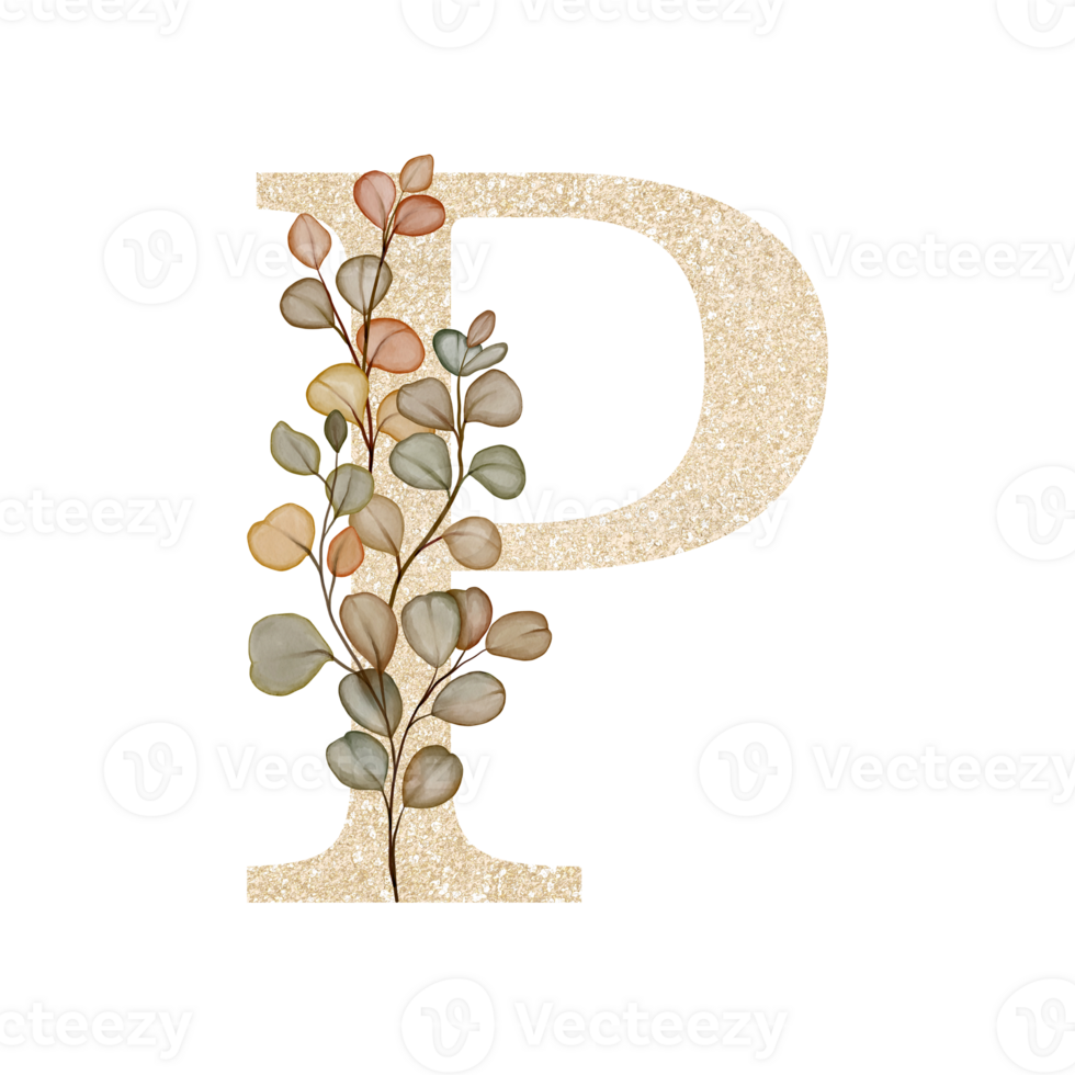 Golden Alphabet P with Watercolor Autumn Eucalyptus png