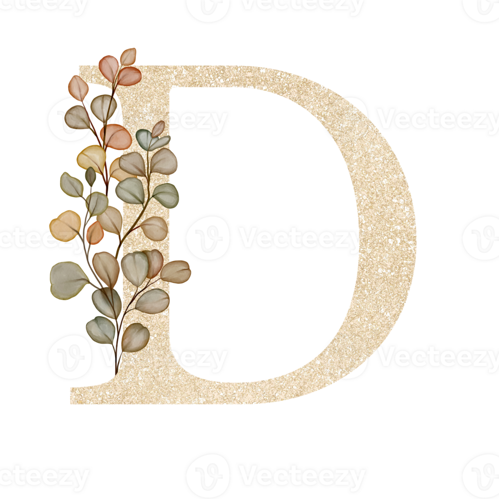 Golden Alphabet D with Watercolor Autumn Eucalyptus png