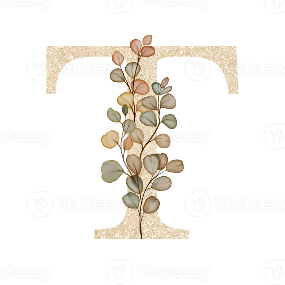 Golden Alphabet T with Watercolor Autumn Eucalyptus png