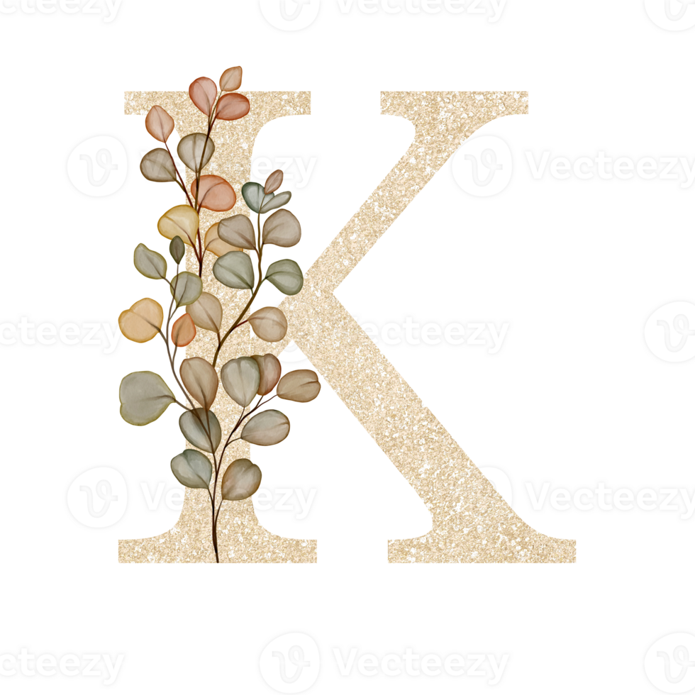 Golden Alphabet K with Watercolor Autumn Eucalyptus png