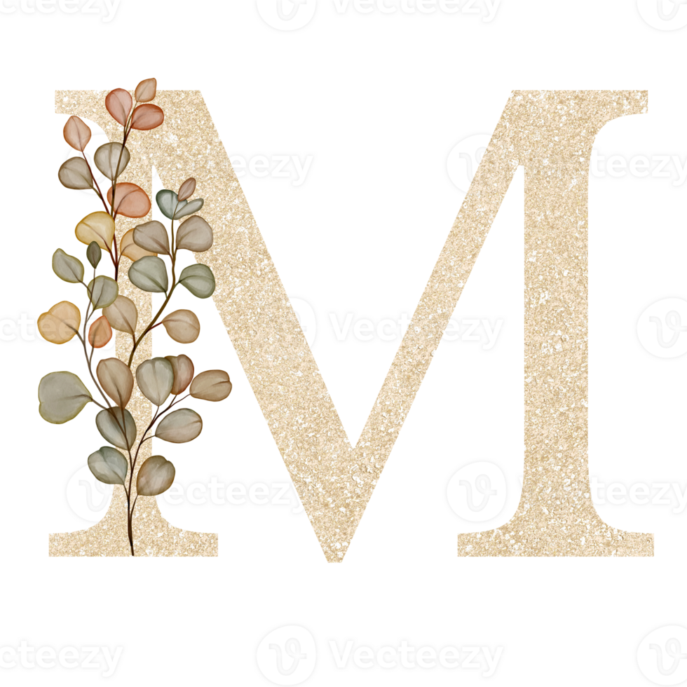 Golden Alphabet M with Watercolor Autumn Eucalyptus png