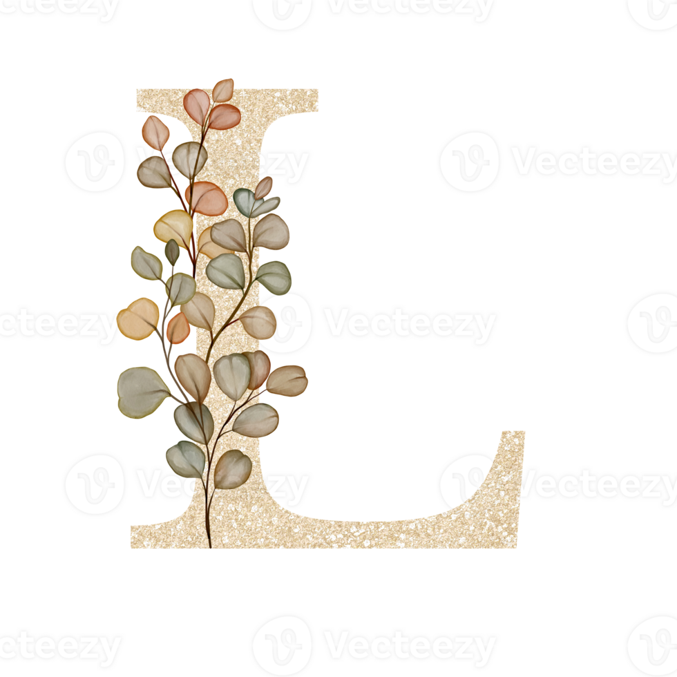 Golden Alphabet L with Watercolor Autumn Eucalyptus png