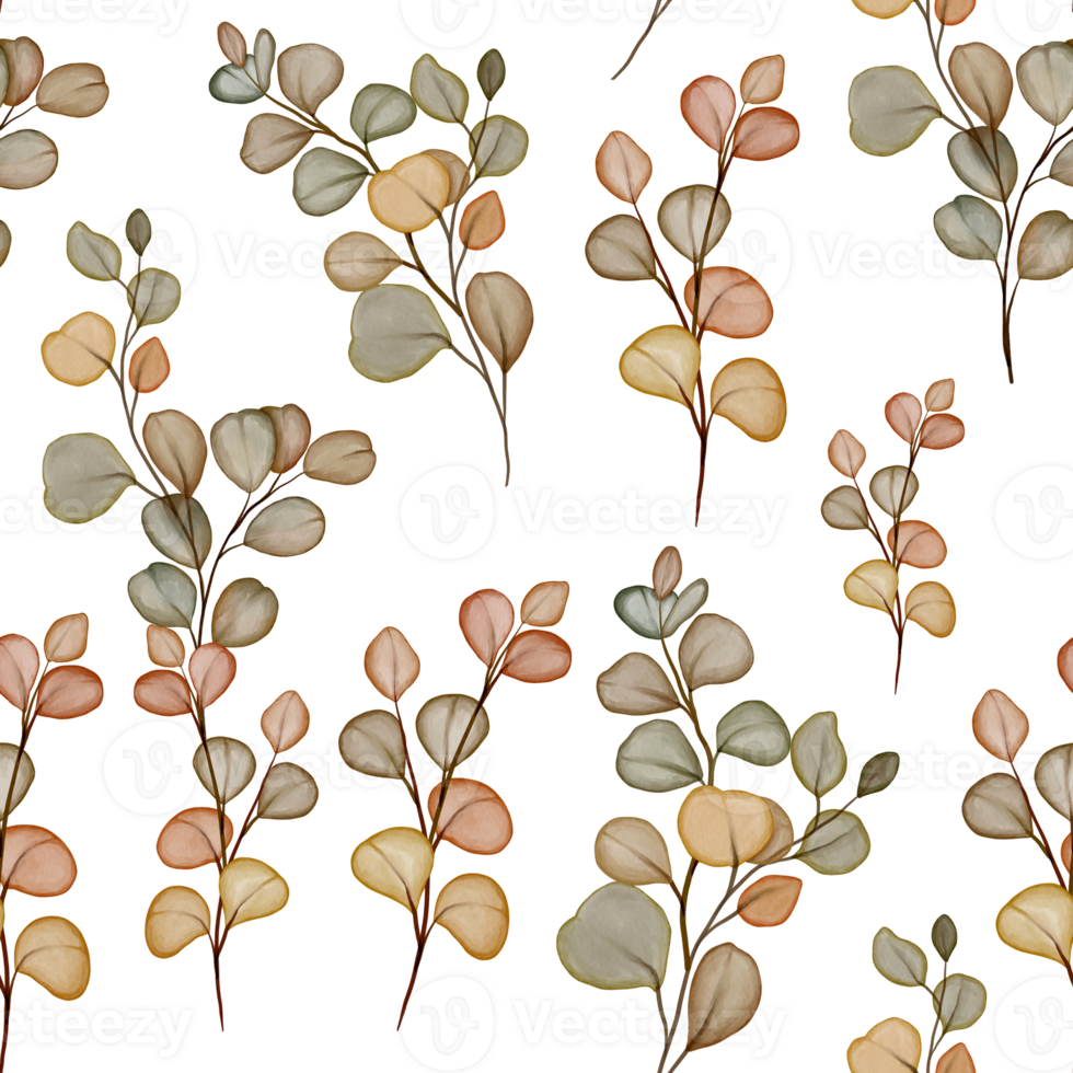 watercolor autumn eucalyptus seamless pattern png