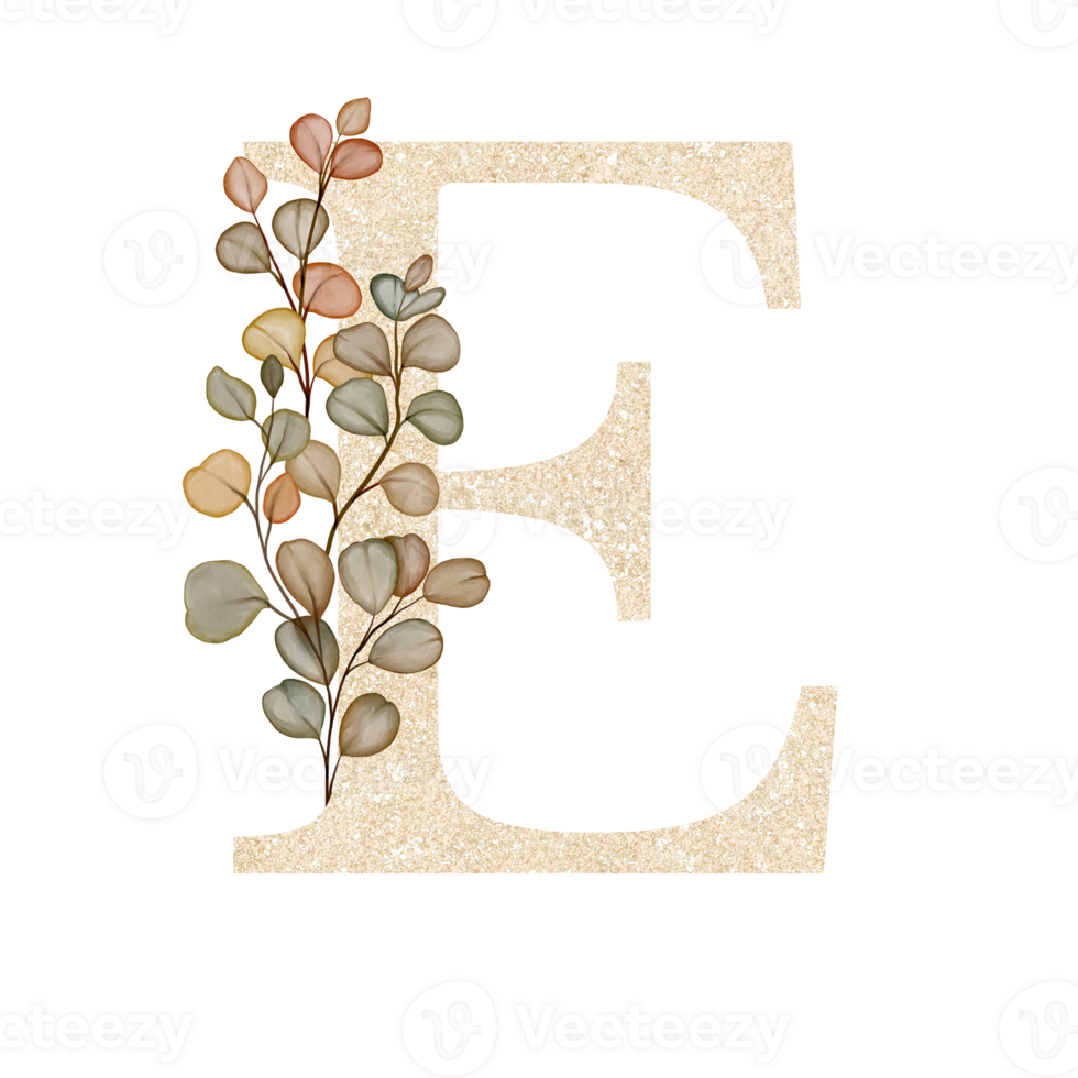 Golden Alphabet E with Watercolor Autumn Eucalyptus png
