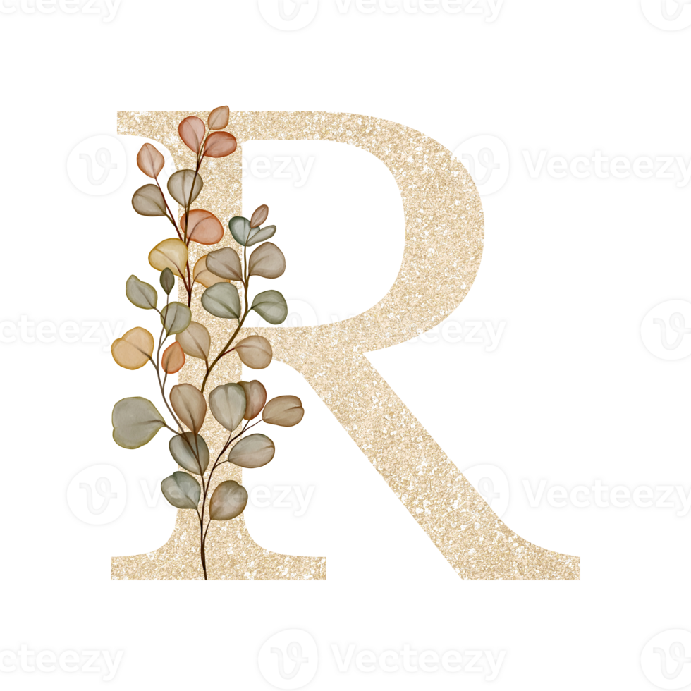 Golden Alphabet R with Watercolor Autumn Eucalyptus png