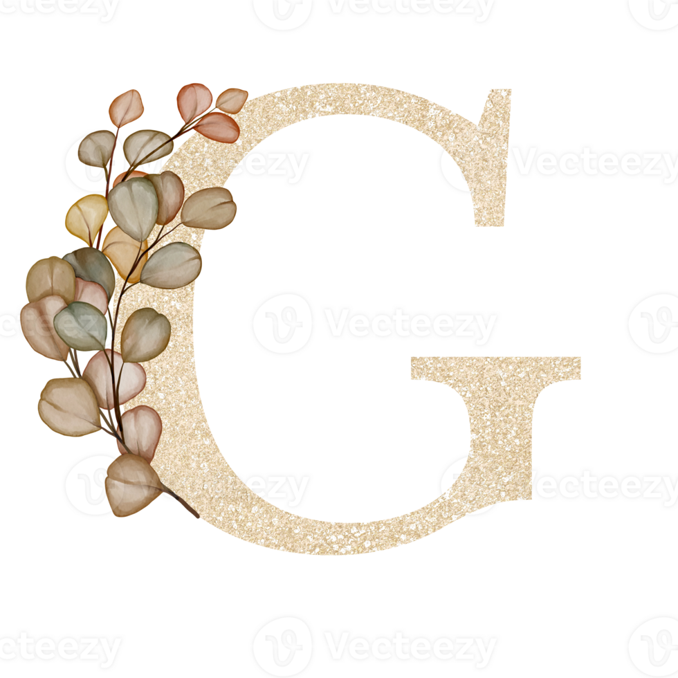 Golden Alphabet G with Watercolor Autumn Eucalyptus png
