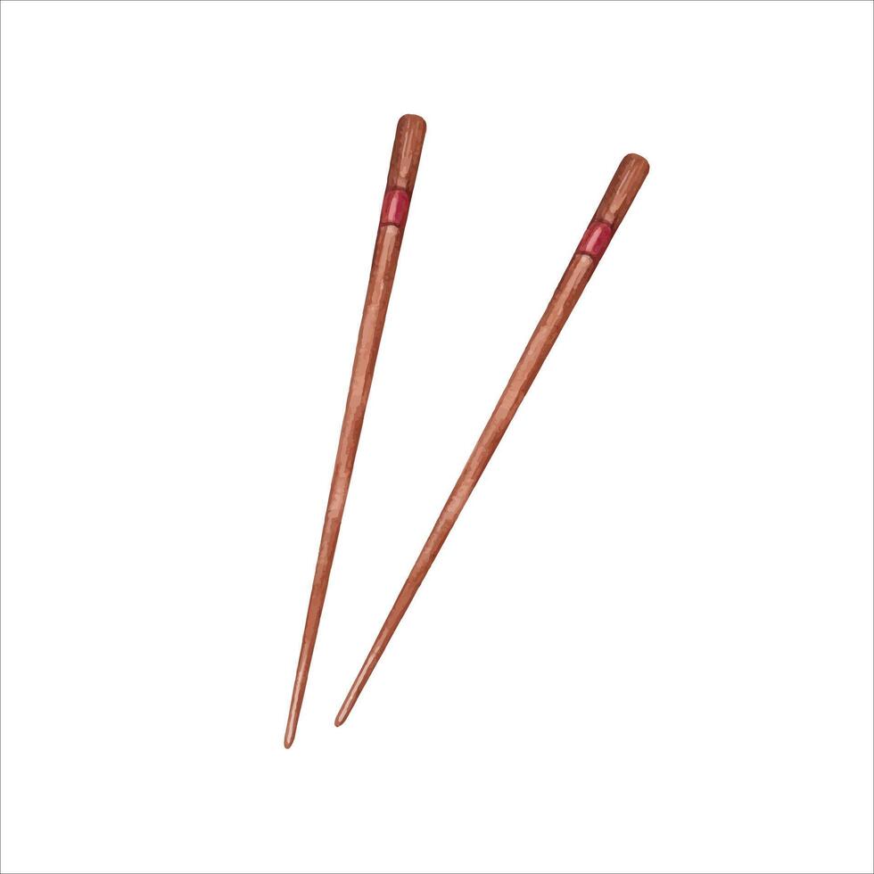 Pair of wooden chopsticks. Asian cuisine clip art. Hand drawn watercolor illustration isolated from background. Rustic utensil for organic market produce packaging designs. Tableware for rice dishes vector