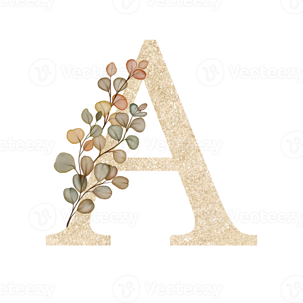 Golden Alphabet A with Watercolor Autumn Eucalyptus png