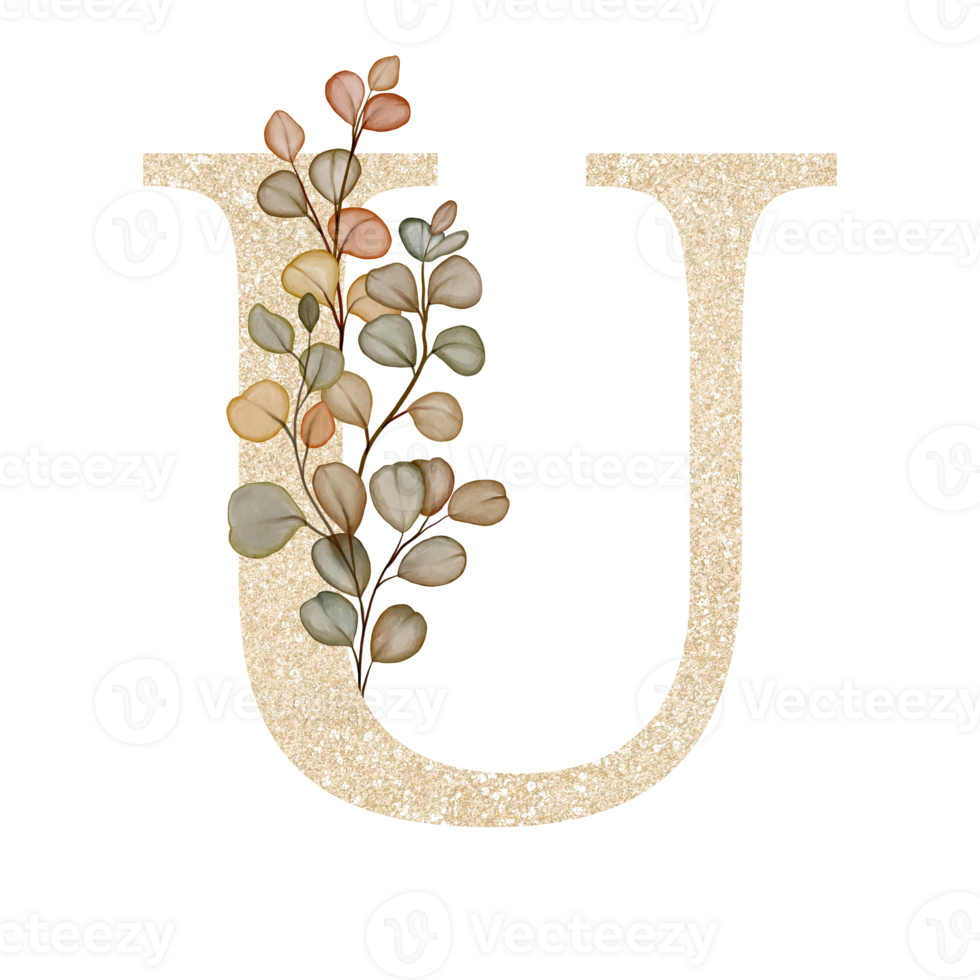 Golden Alphabet U with Watercolor Autumn Eucalyptus png