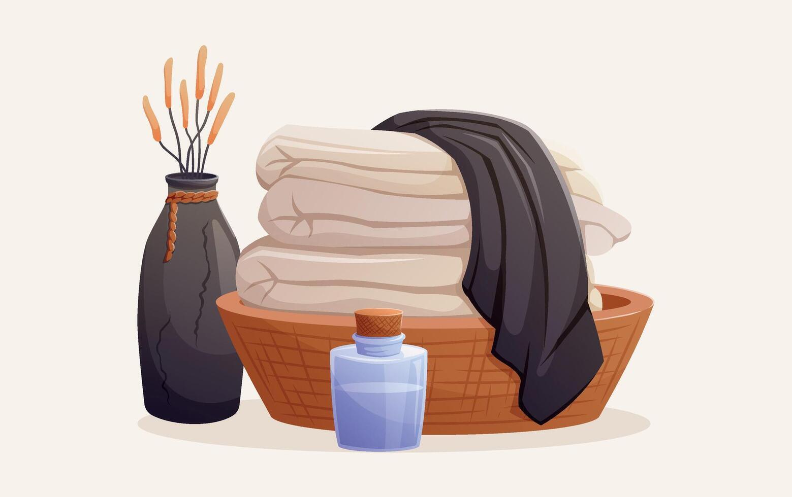 Still life of a bathroom. Decorative composition of home interior, a basket with a stack of towels, a vase with dried flowers and a jar. isolated cartoon illustration. vector