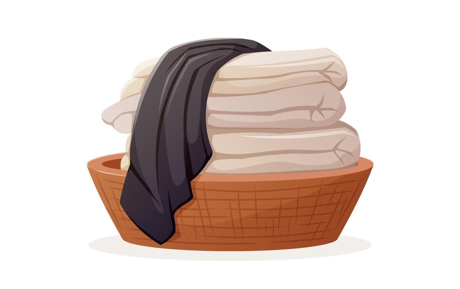 Still life of a bathroom. Decorative composition of home interior, basket with a stack of towels. isolated cartoon illustration. vector