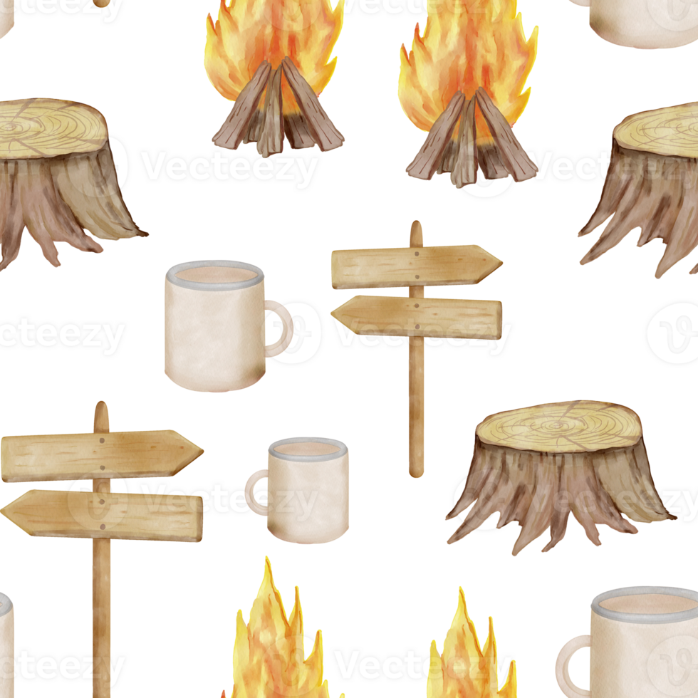Watercolor campfire adventure seamless pattern png