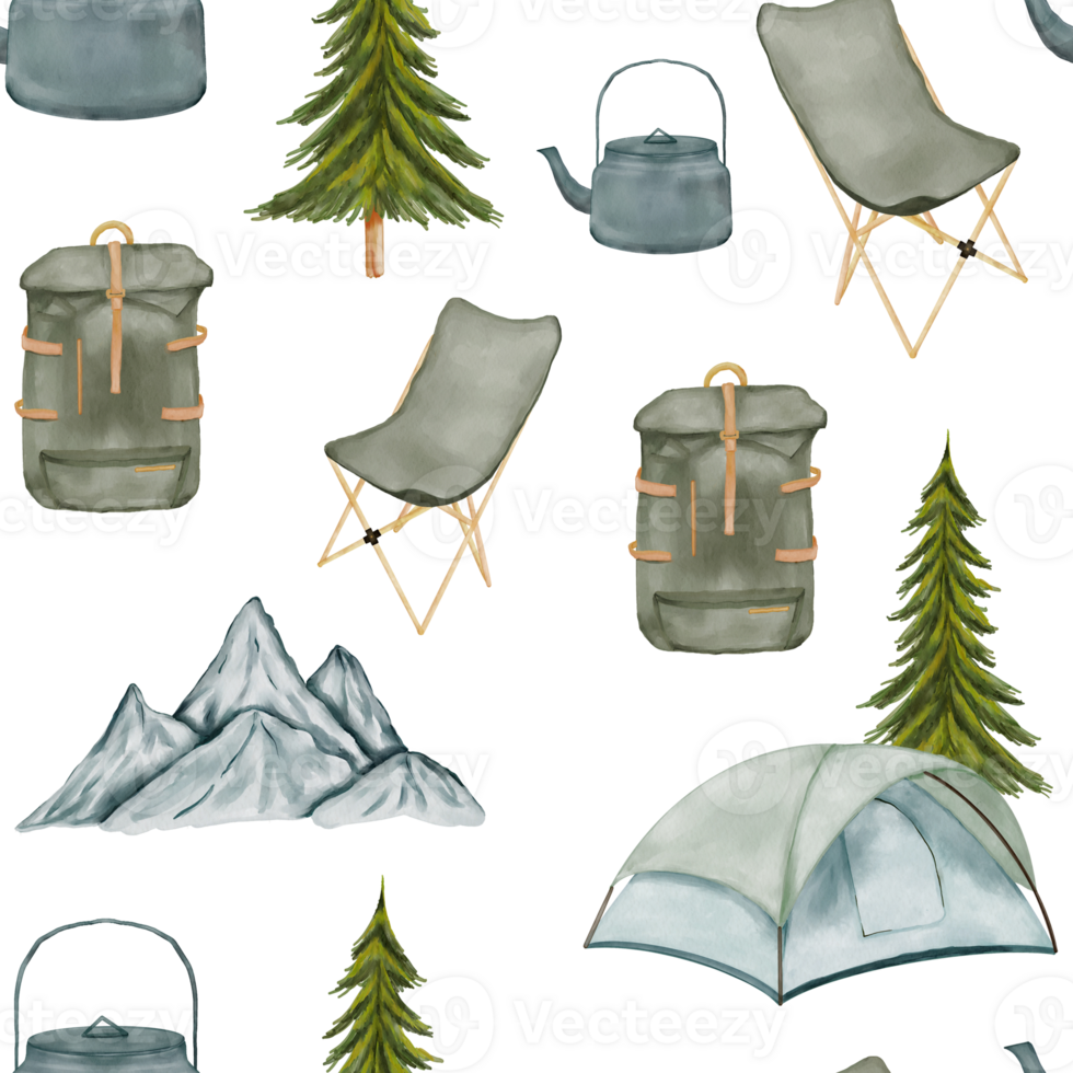 Watercolor campsite adventure seamless pattern png