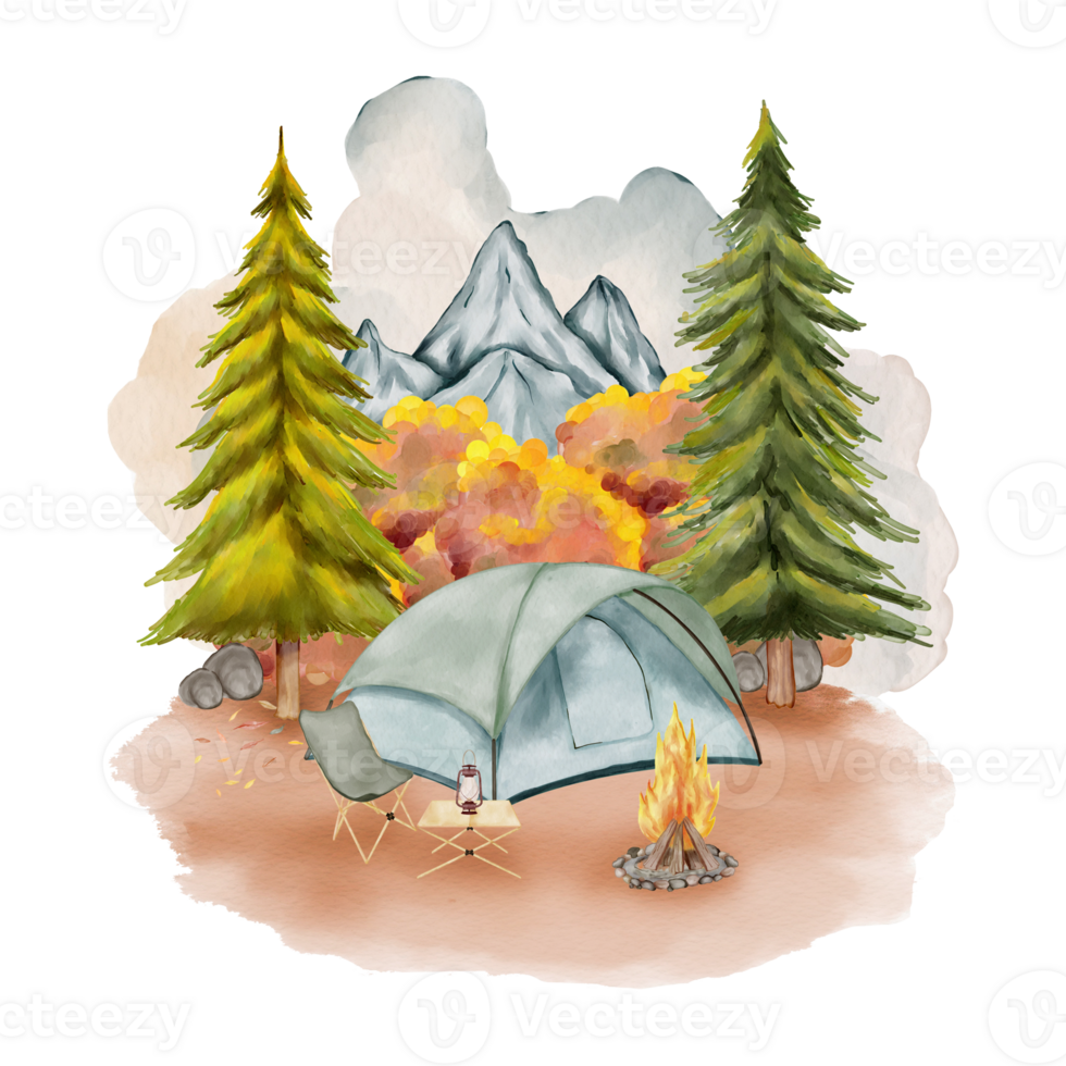 Watercolor Camping Site Autumn Mountain png