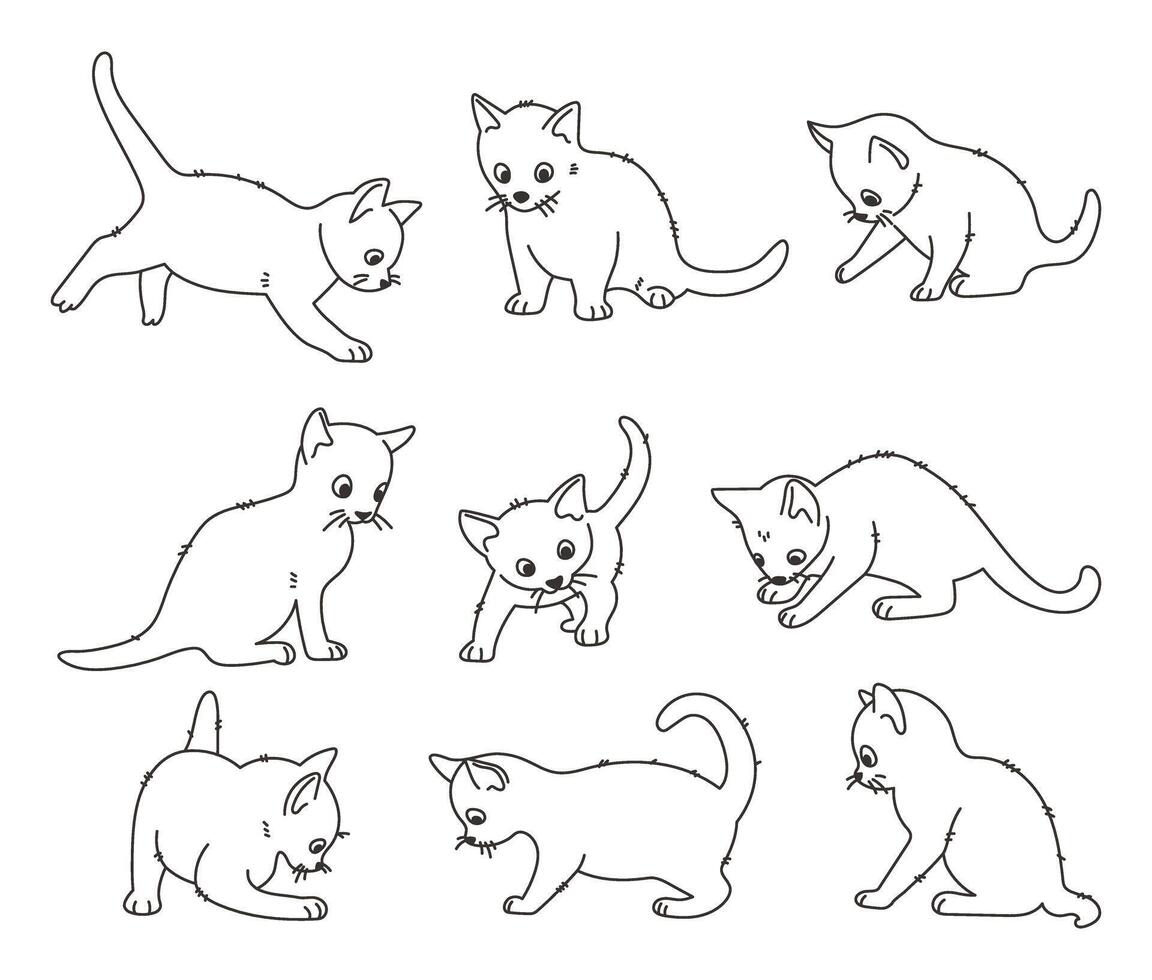 Set of cute playing kittens. Line art. Linear illustration isolated on white vector