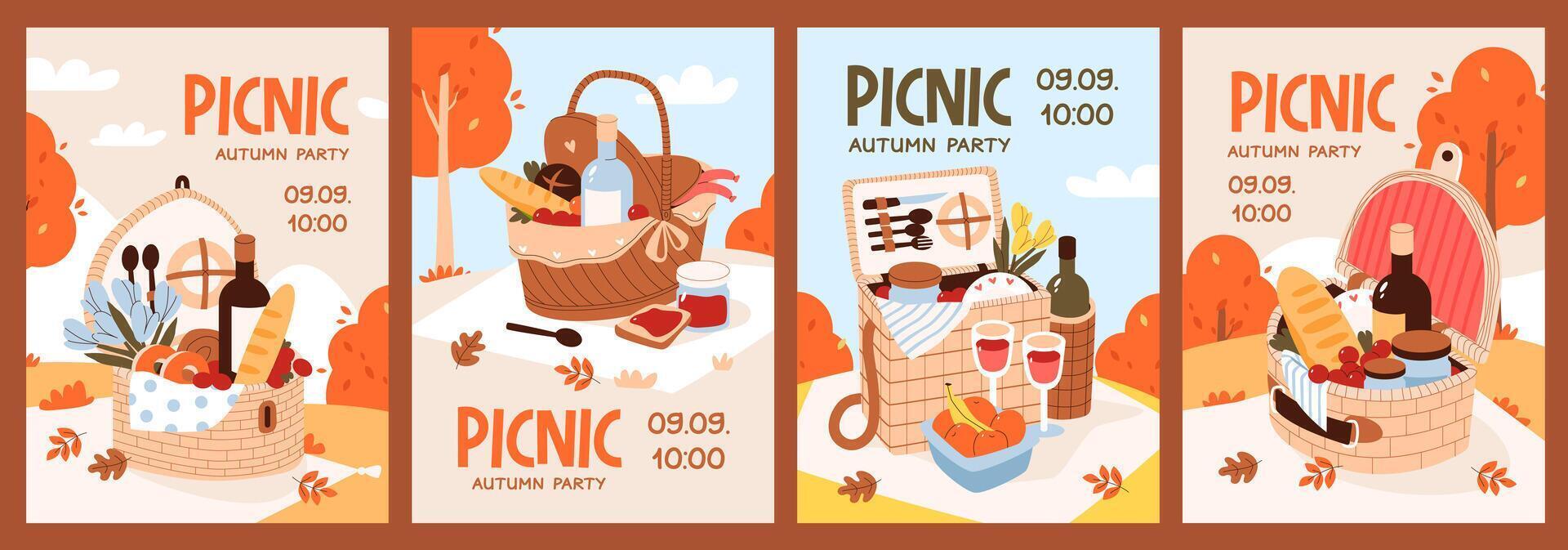 Autumn picnic party invitation template set. Picnic baskets filled with goodies against a vibrant autumn backdrop. vector