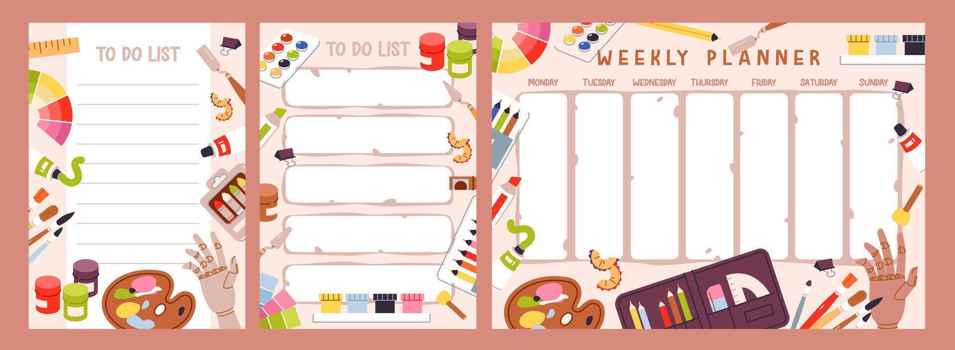 Weekly planner and to do sheet with art supplies. Painting tools and art class studio supplies. Kids task schedule vector