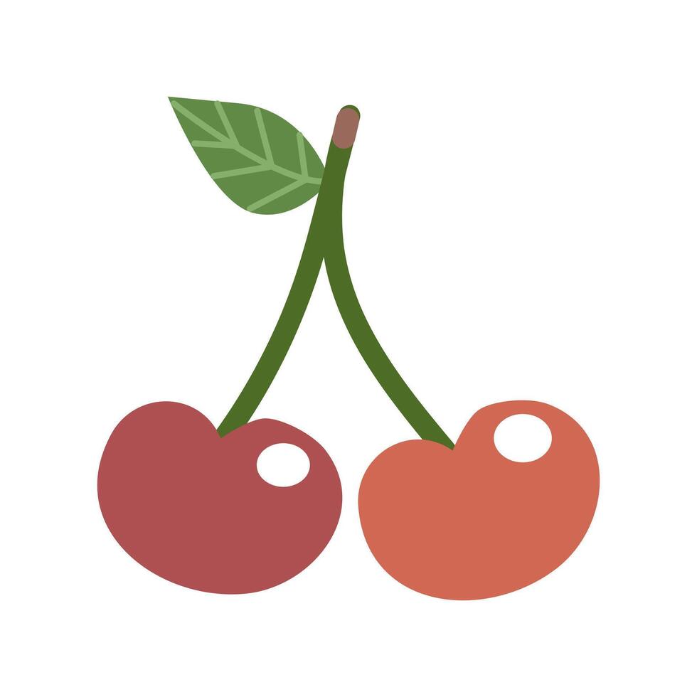 Cherry fruits in flat cartoon doodle style. Abstract minimalistic style. Drawing the fruit with one line. Cherry outline with color. Drawing with a single line. For a logo or poster. vector
