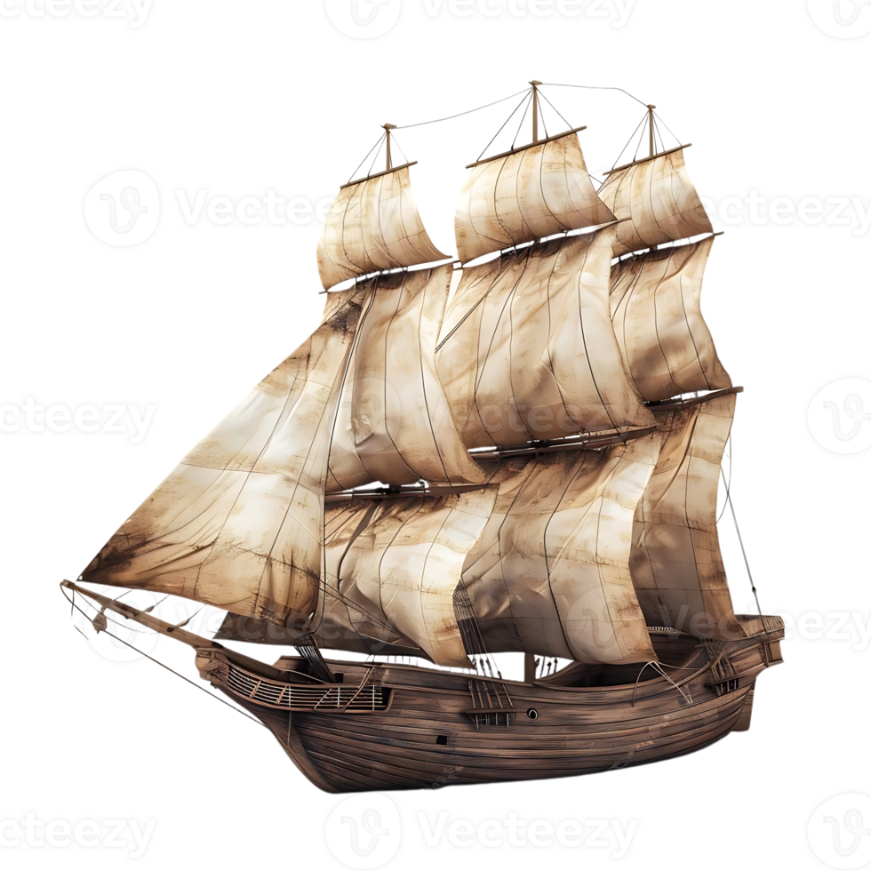 3D Render of an Old Wooden Sailing Ship with White Sails png