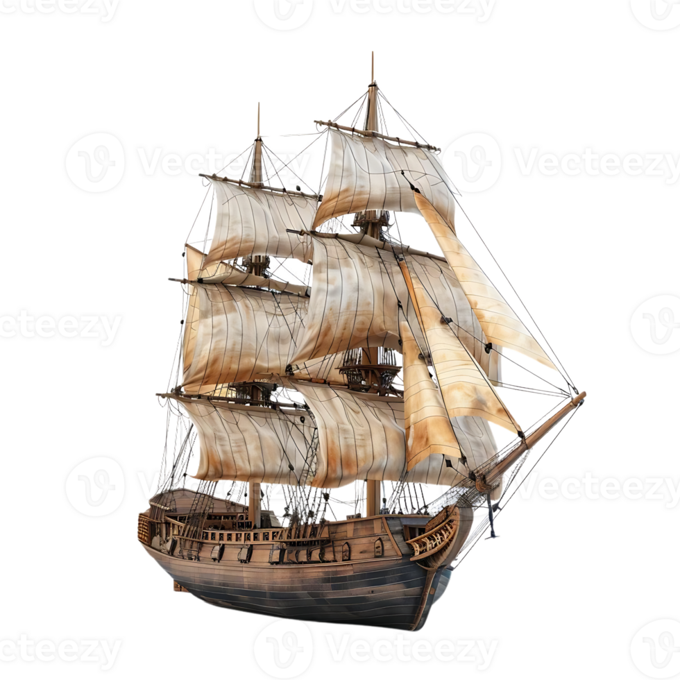 3D Model of a Wooden Sailing Ship with White Sails Illustration png