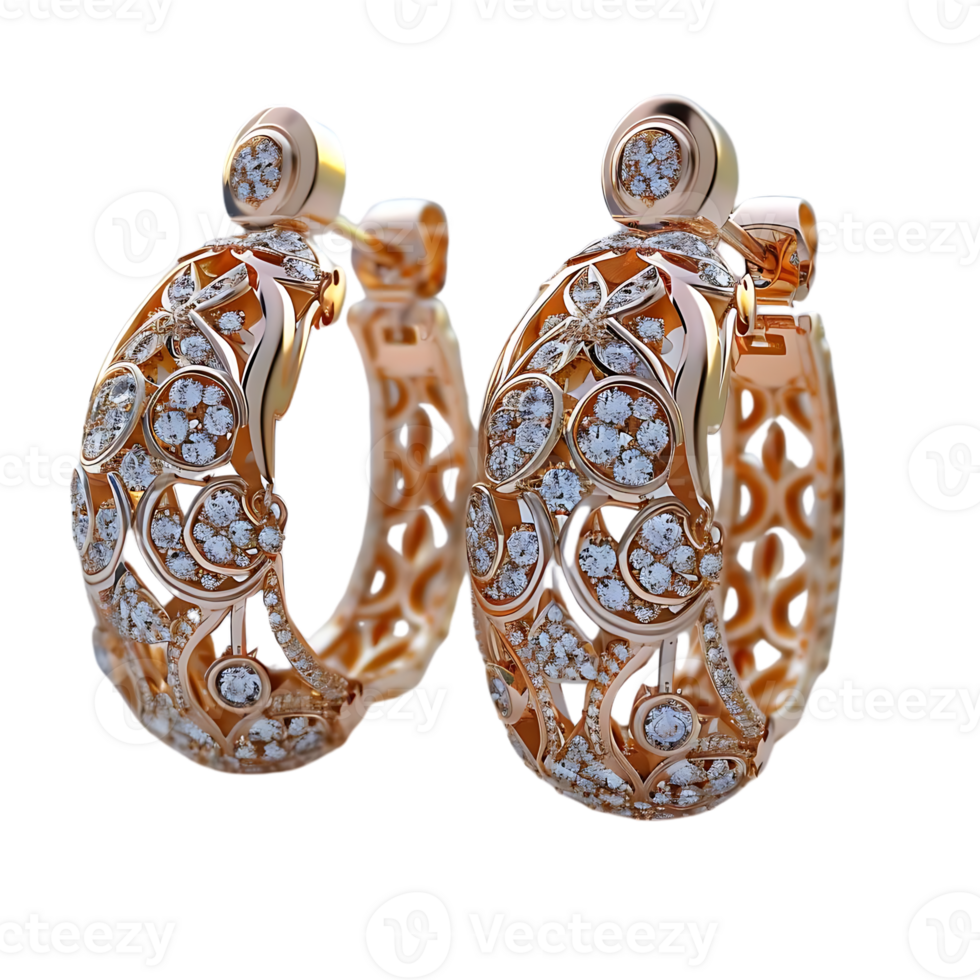 3D Render of Golden Hoop Earrings with Diamond Detail png