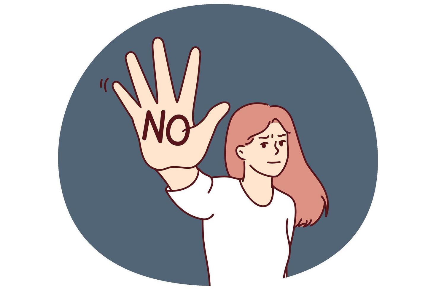 Brave woman makes stop gesture showing palm with inscription no to call for end to discrimination vector