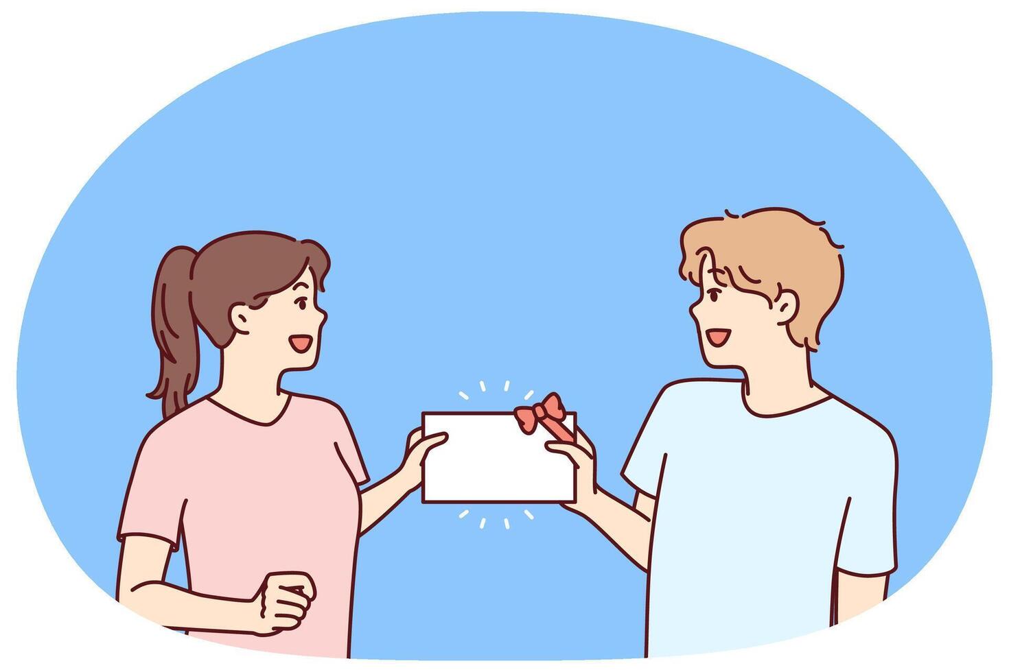 Man and woman with gift certificate in hands rejoice at receiving invitation card vector