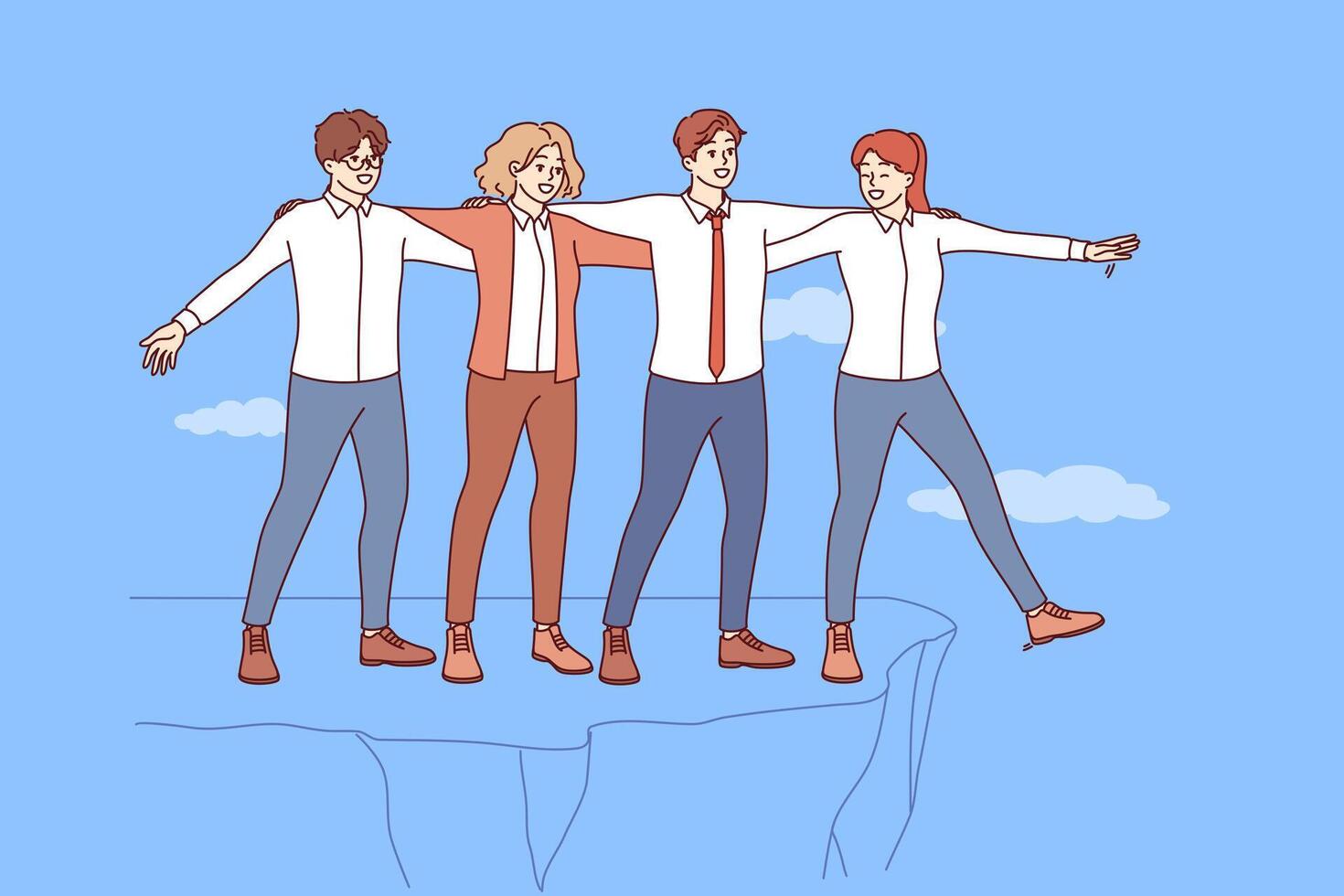 Teamwork of business people allows you to avoid risk and save colleagues from falling off cliff vector