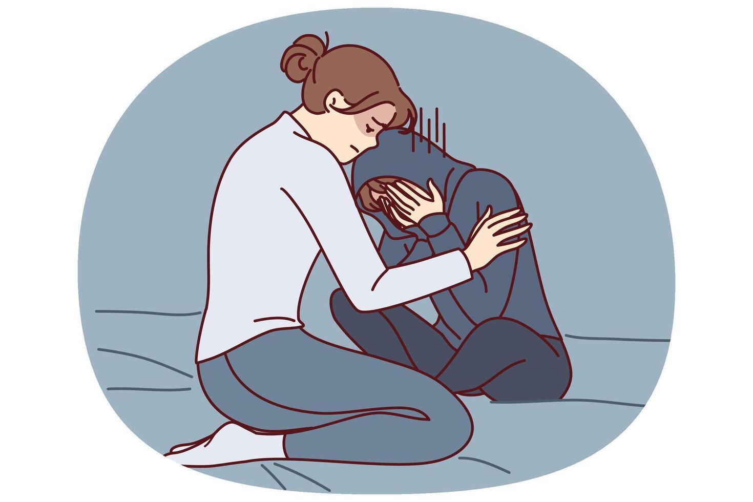 Mother consoles crying daughter who is depressed due to peer problems or poor school performance vector