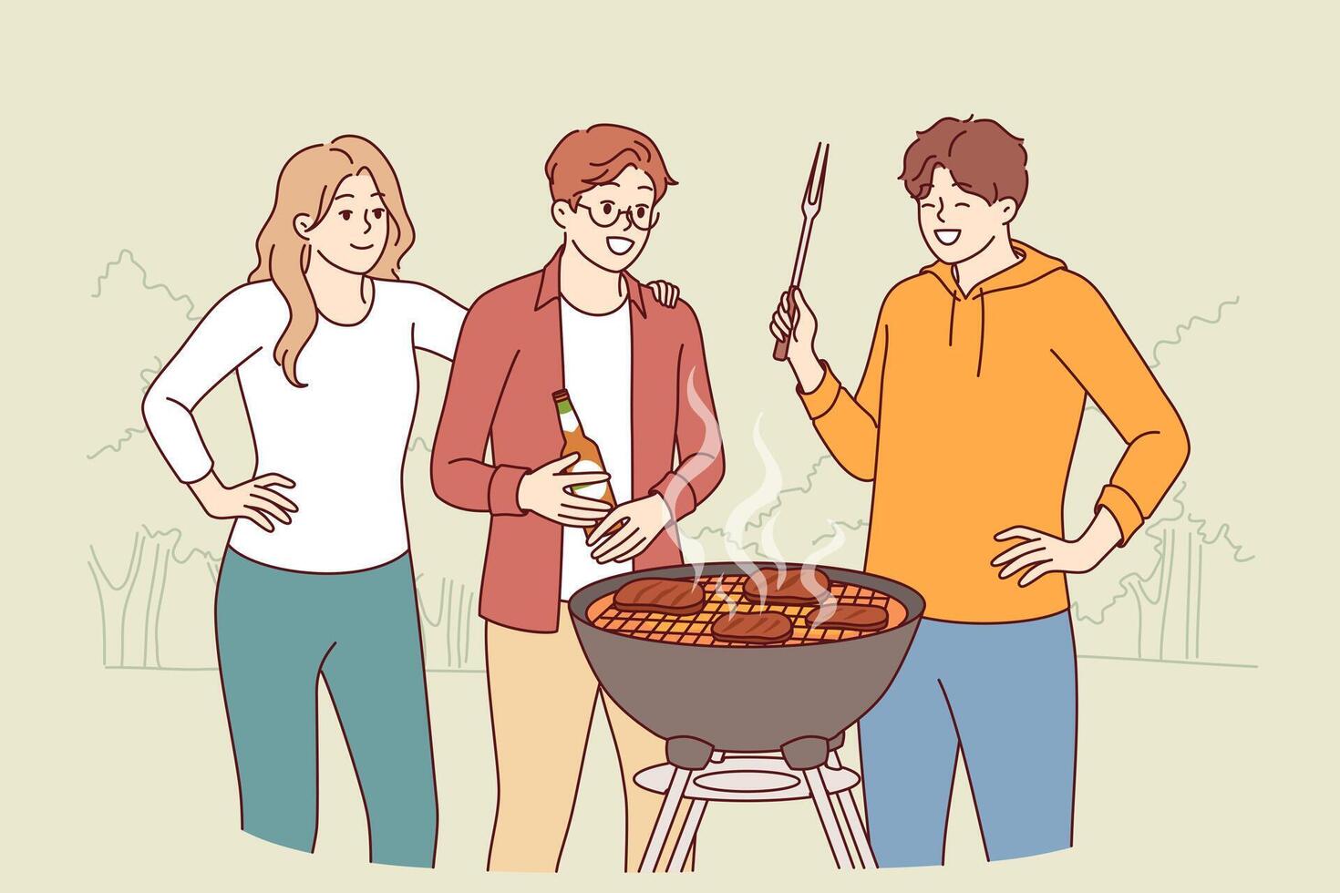 Backyard barbecue party for friends or neighbors grilling meat and drinking beer vector