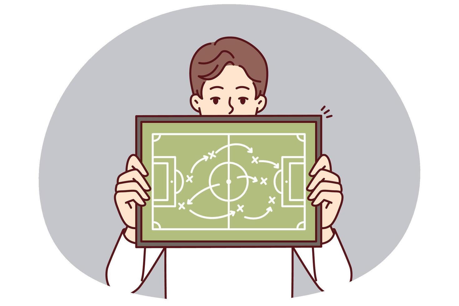 Man demonstrates plan for placement football players teaching athletes tactics of conducting game vector
