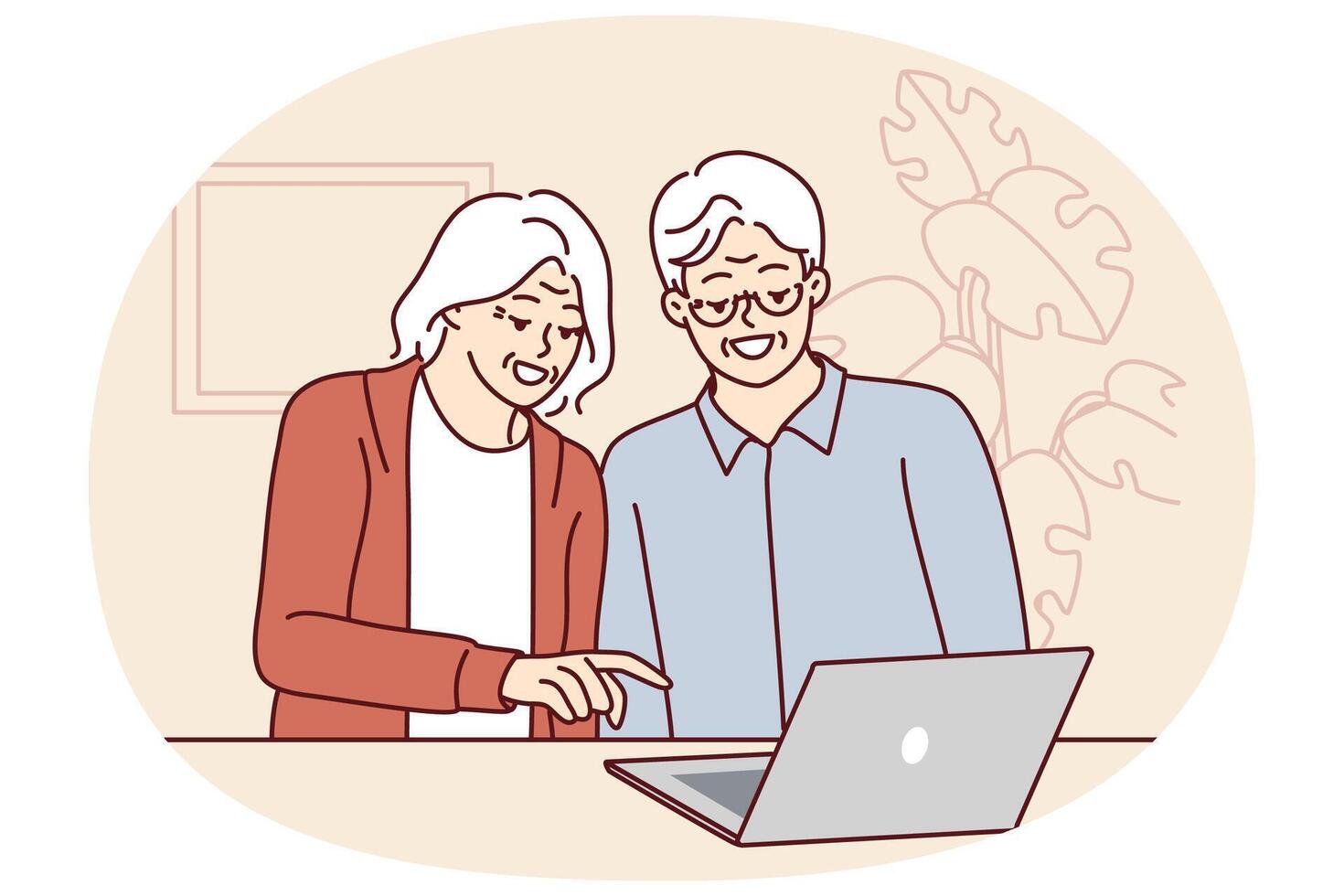 Elderly men and women are sitting at table with laptop learning how to handle modern technology vector