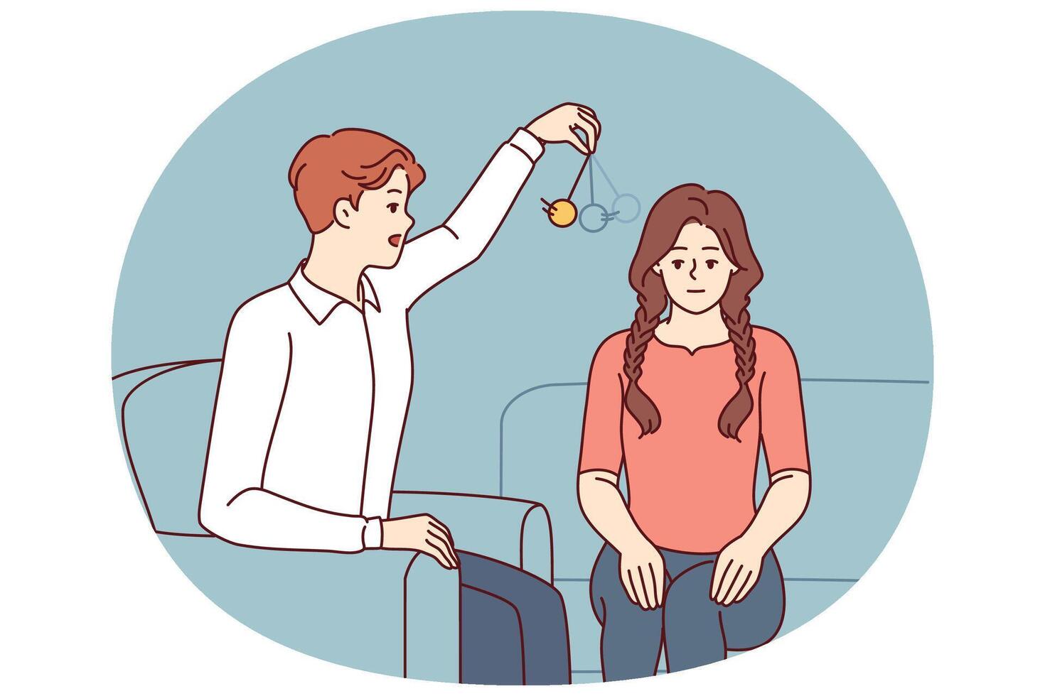 Man psychotherapist hypnotizes woman patient using pendulum to solve psychological problems vector