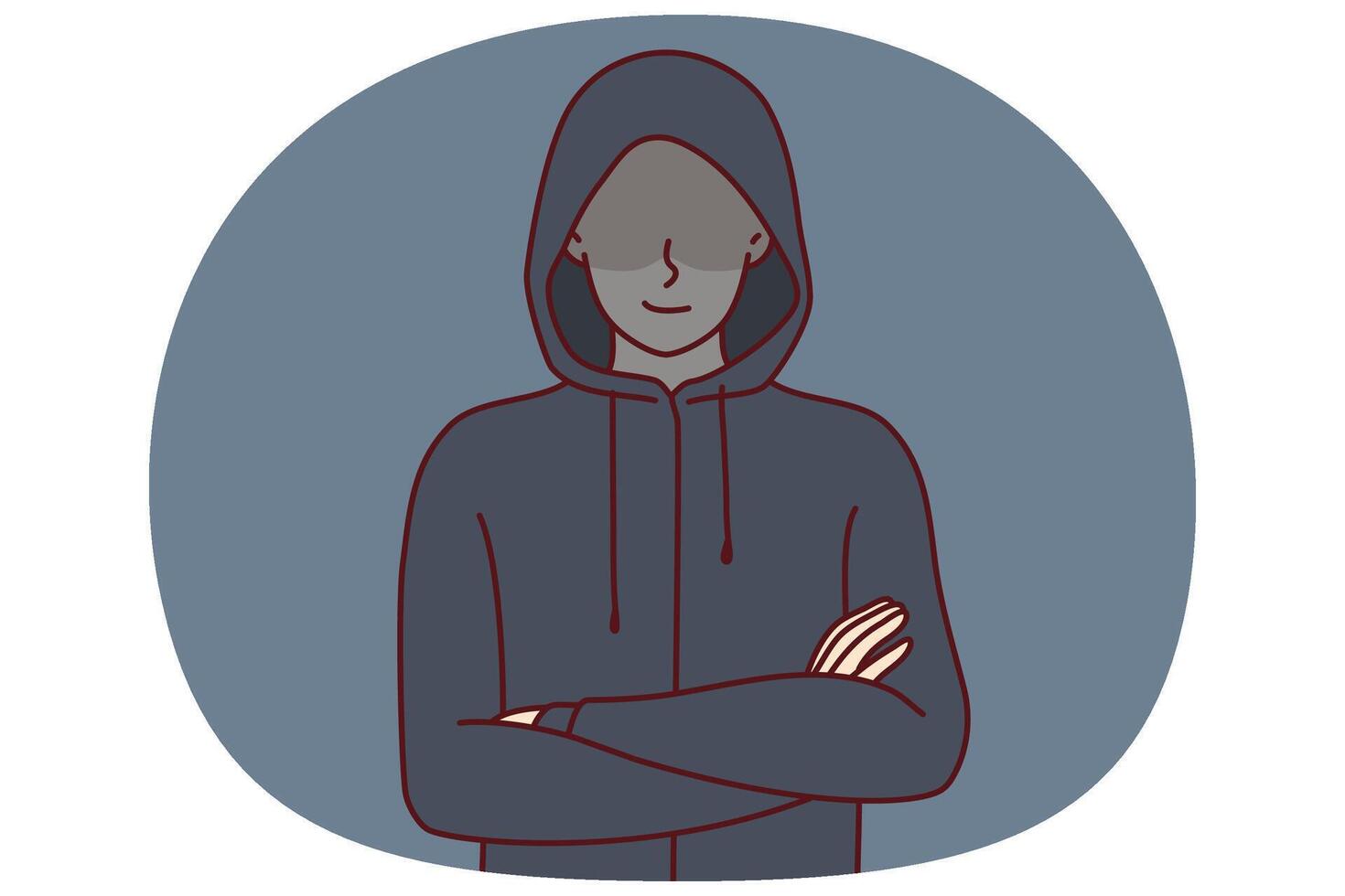 Anonymous man stands with arms crossed and hiding eyes behind hood for concept secret surveillance vector