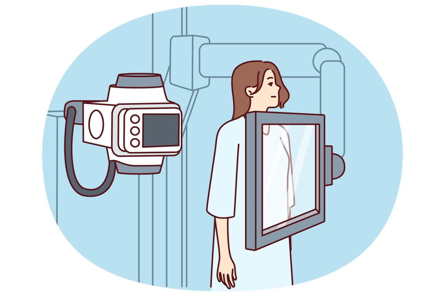Woman suffering from cancer stands near x-ray machine for diagnosing oncological disease vector