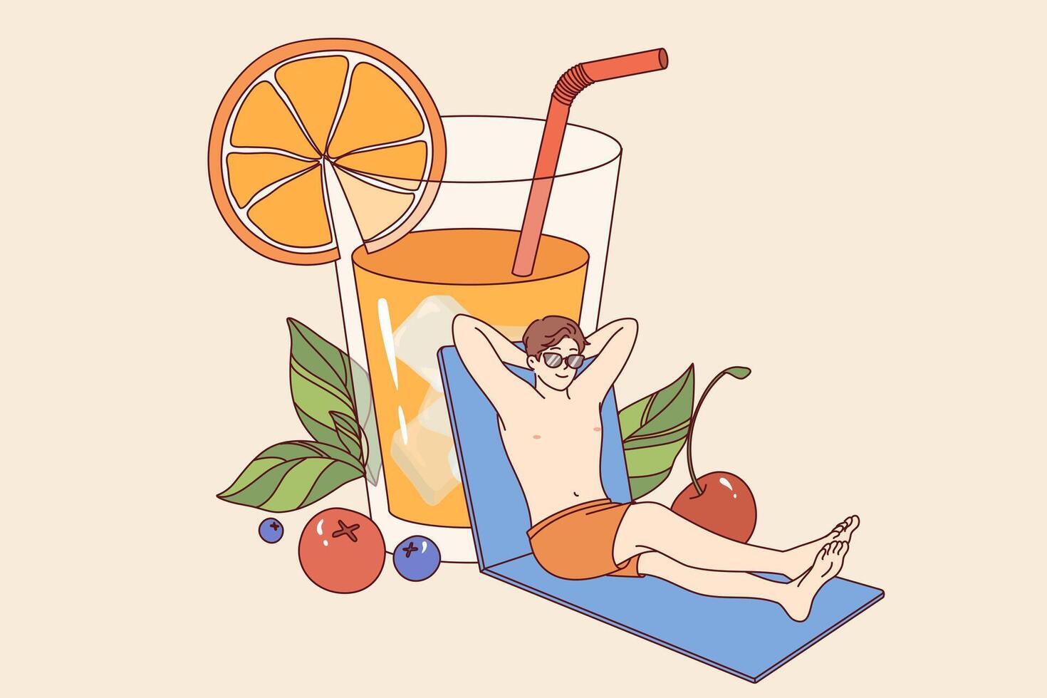 Man relaxed on beach and drinks orange juice from giant glass, enjoying sunny weather vector