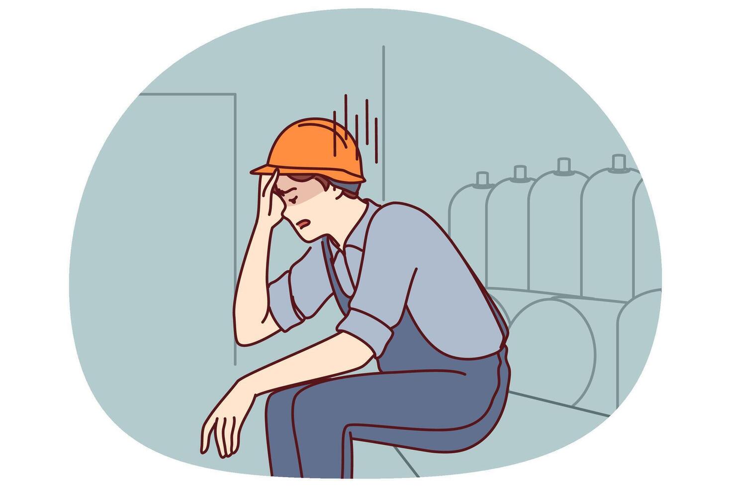 Tired man working in factory sits near production equipment holding head because of nervous job vector