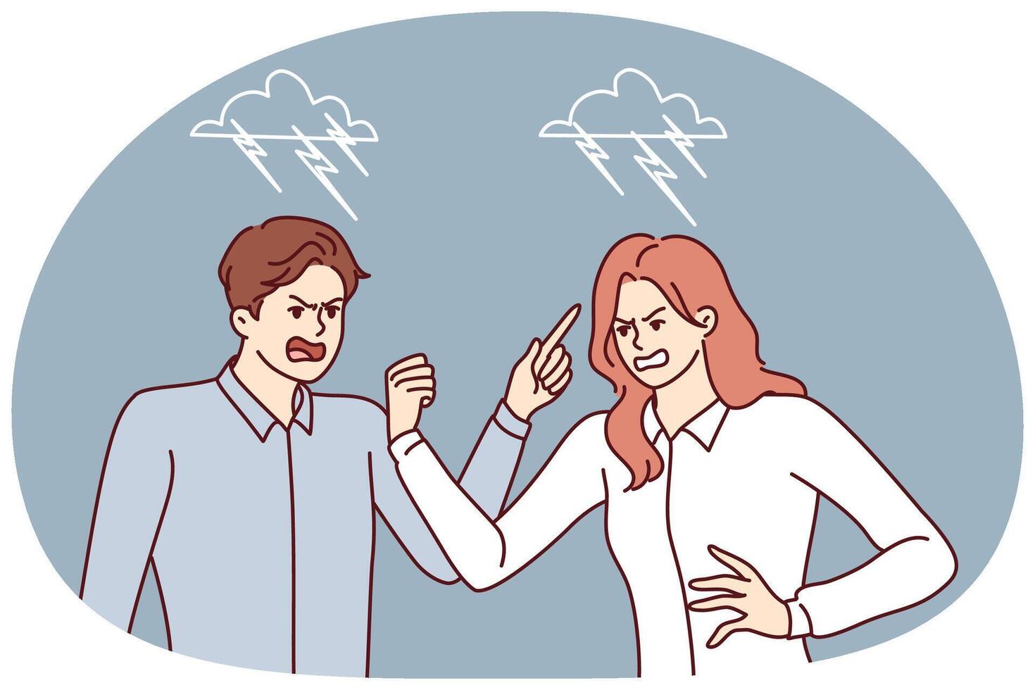 Quarrel between man and woman angrily screaming and pointing fingers towards interlocutor vector