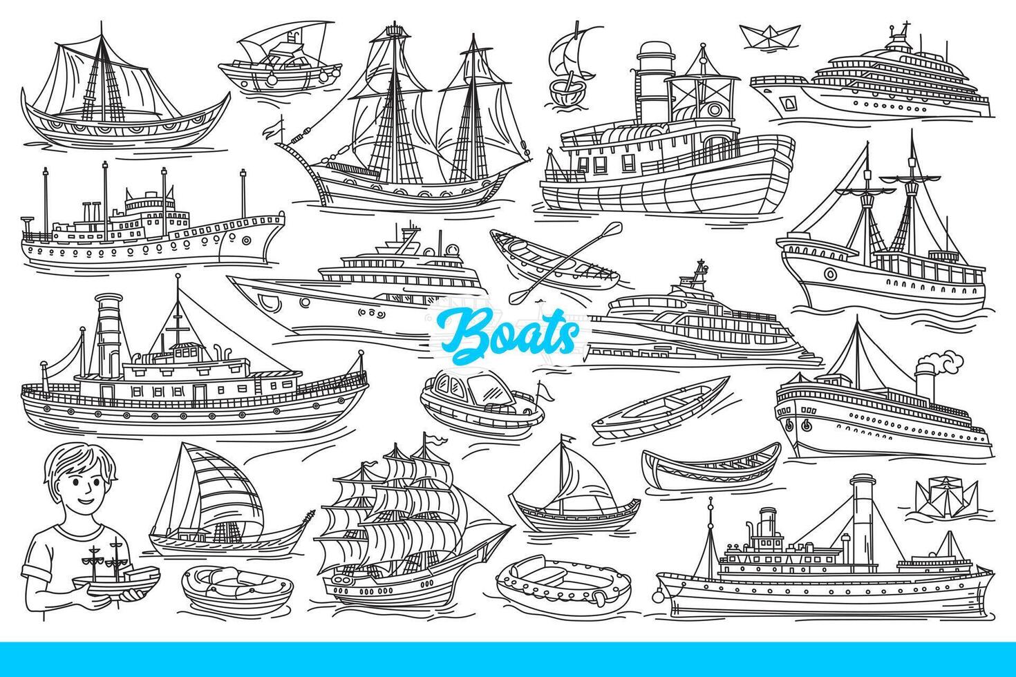Sea vessels and boats or ships floating in ocean due to motor or wind force. Hand drawn doodle vector