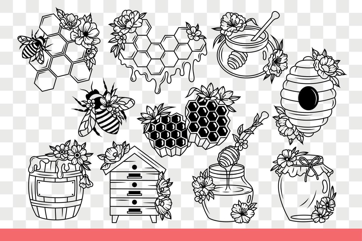 Bee making honey near honeycombs and nest or jars with barrels filled with syrup. Hand drawn doodle vector